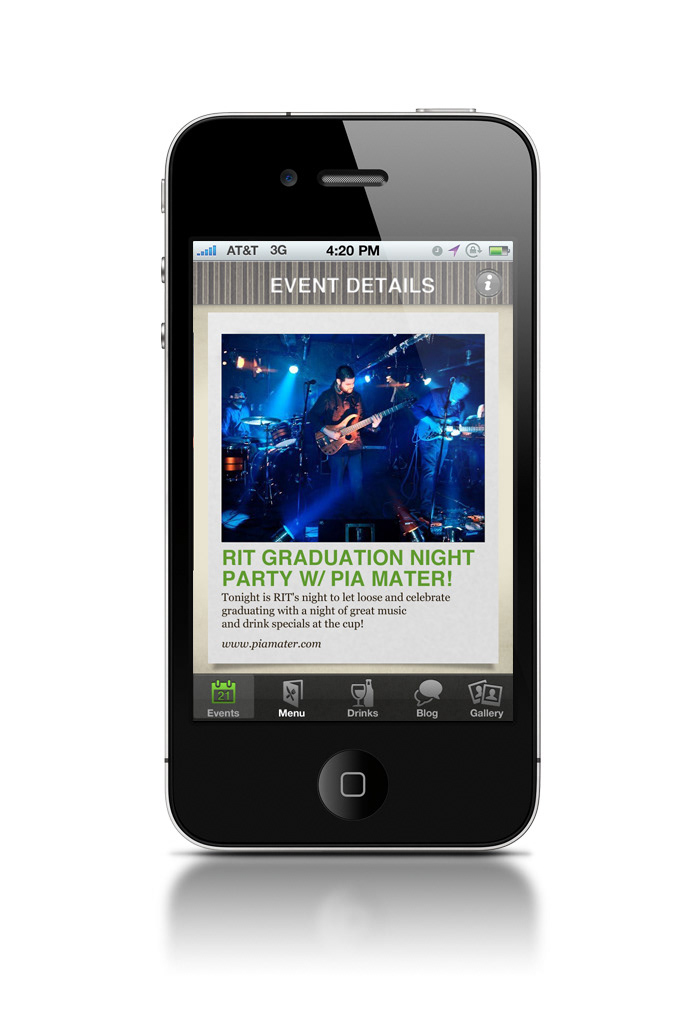 bistro cafe bar restaurant live music music venue Events calendar texture iphone iphone app app design mobile app design