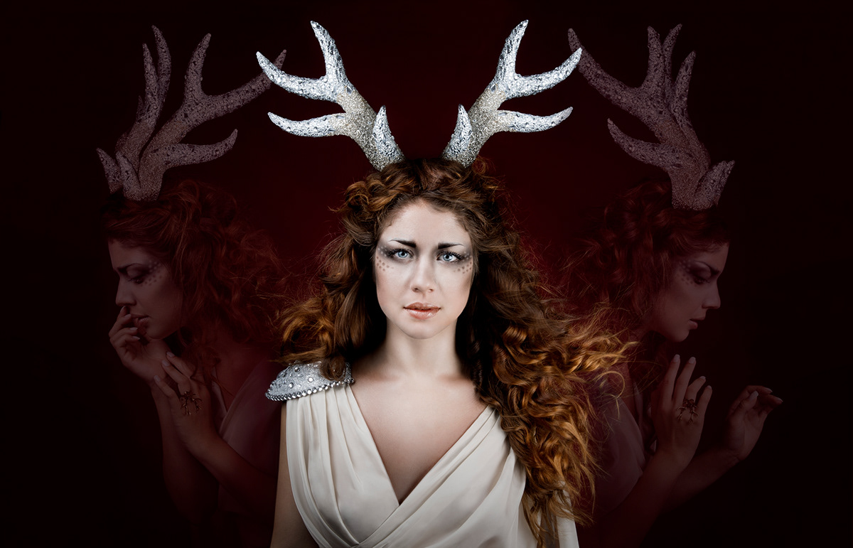 deer horns diamonds fantastic make-up portrait beauty