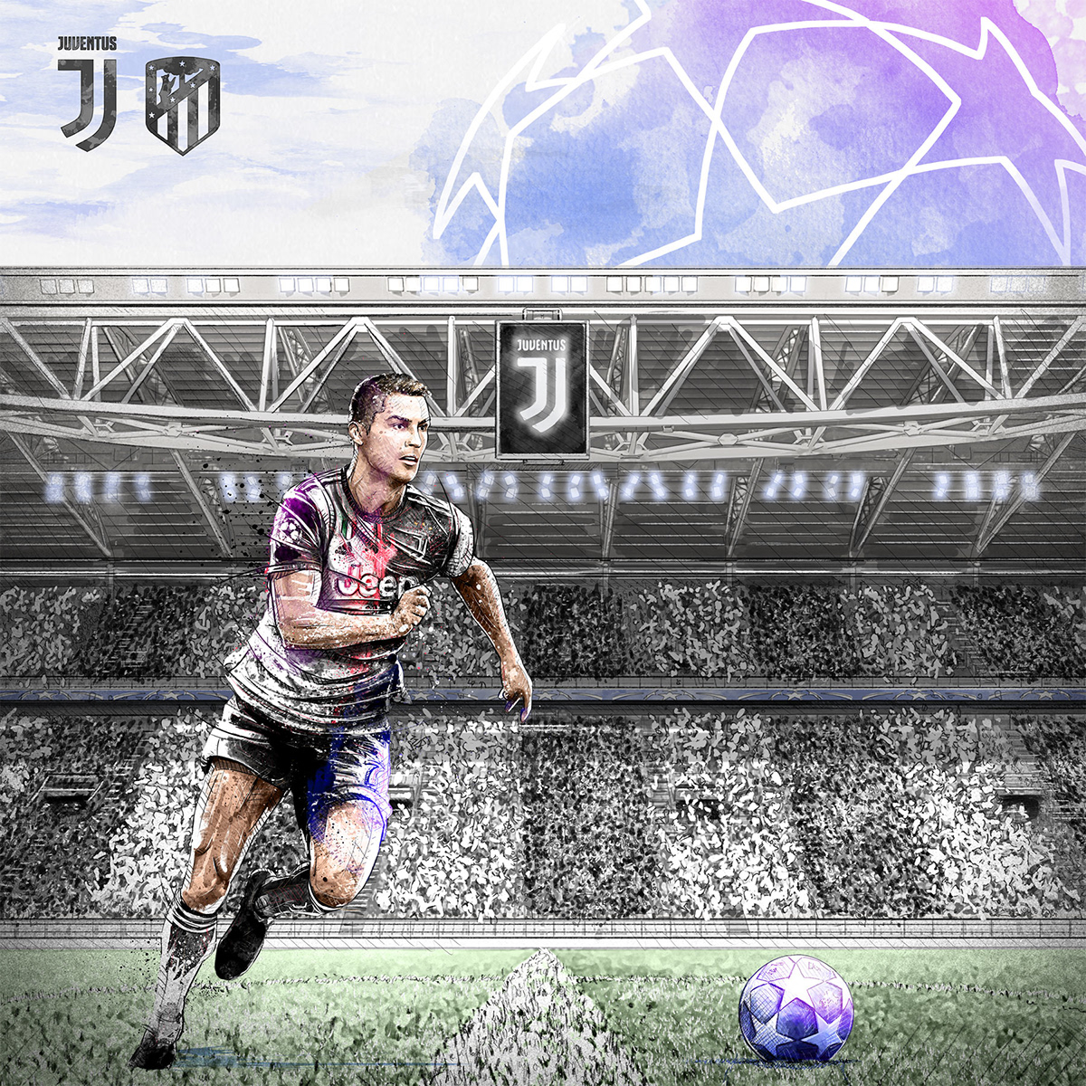 athletes champions league Dynamic football Juventus Ronaldo soccer sport sportive watercolor