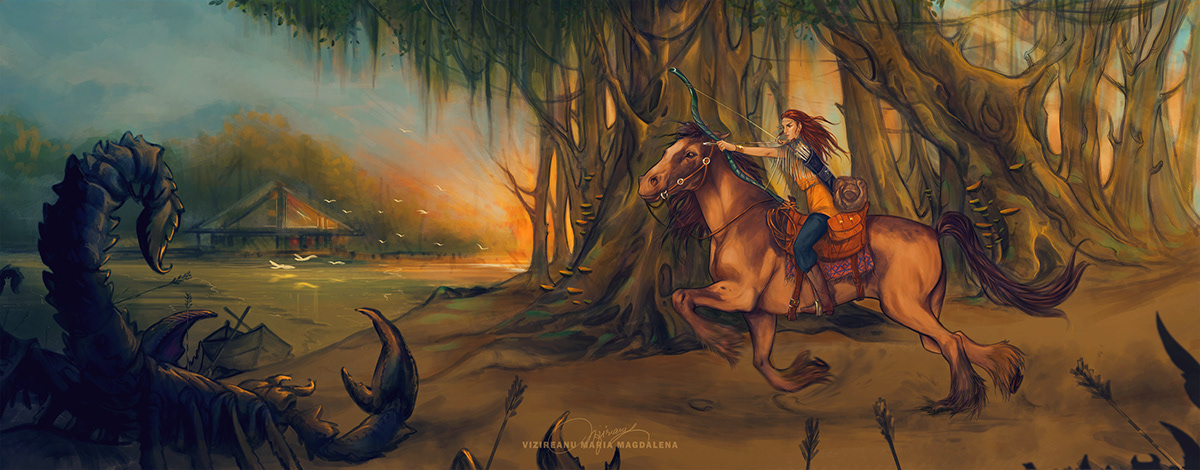 Character design  concept concept art Drawing  horses hunter Hunting ILLUSTRATION  scorpion story