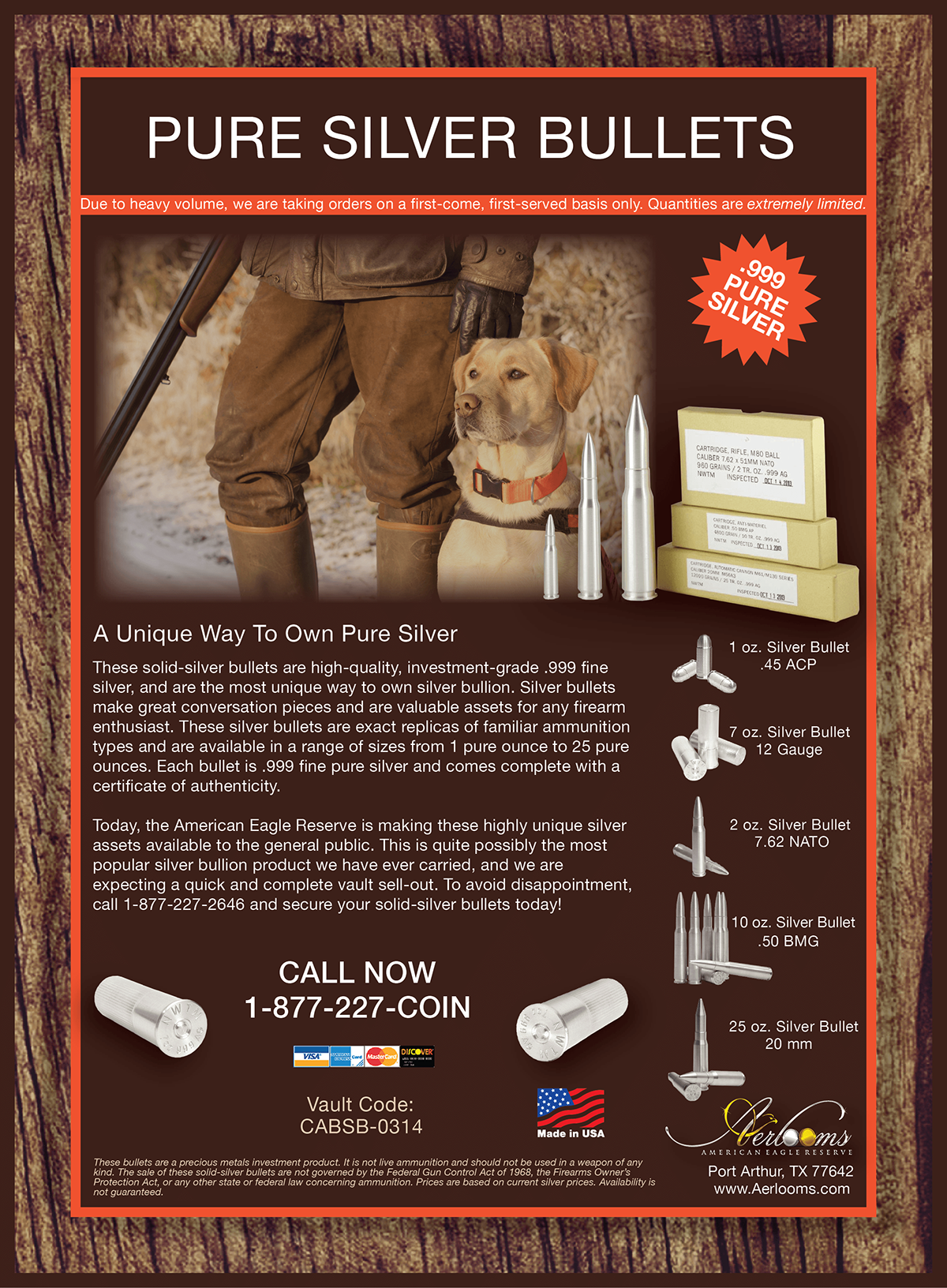Aerlooms The American EagleReserve hunter Hunting silver silver bullets Bullion us mint duck lab dog man's best friend product advertisment cabela's