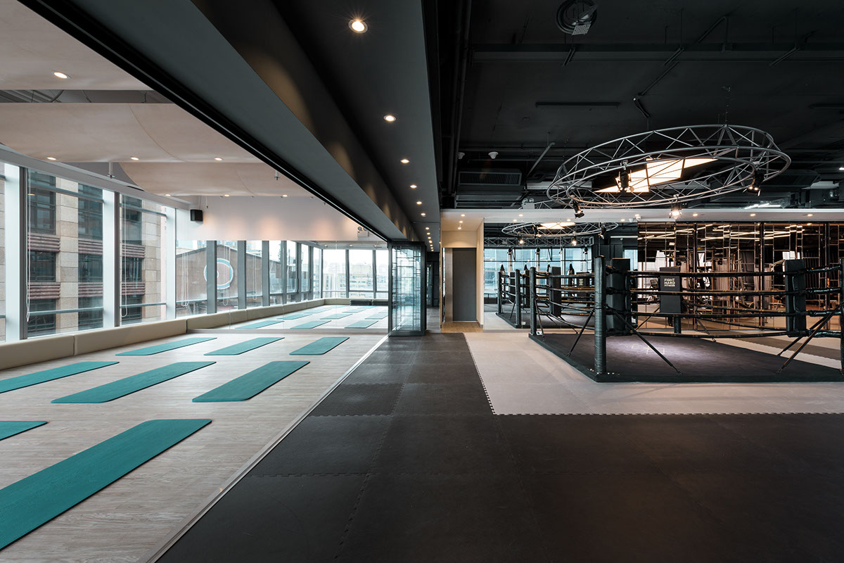fitness centre modern ambience meditative line ceiling earthy zoning contemporary design gym Yoga Boxing