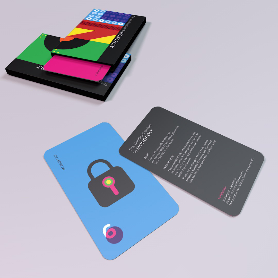 3D Modelling card design graphic design  icons Monopoly neon colours Rule Book