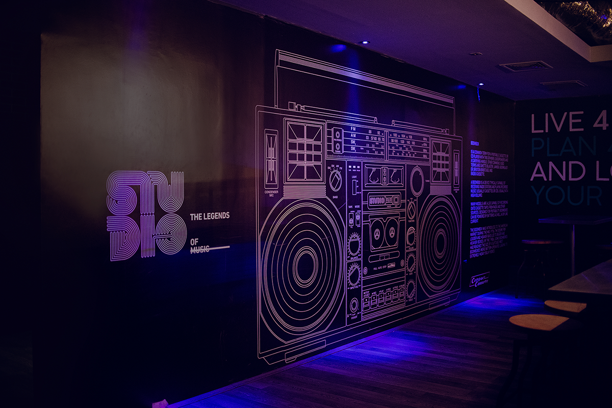 studio discoteque legends op-art neon Interior industrial craft rhythm boombox Compact Cassette Retro vibe party