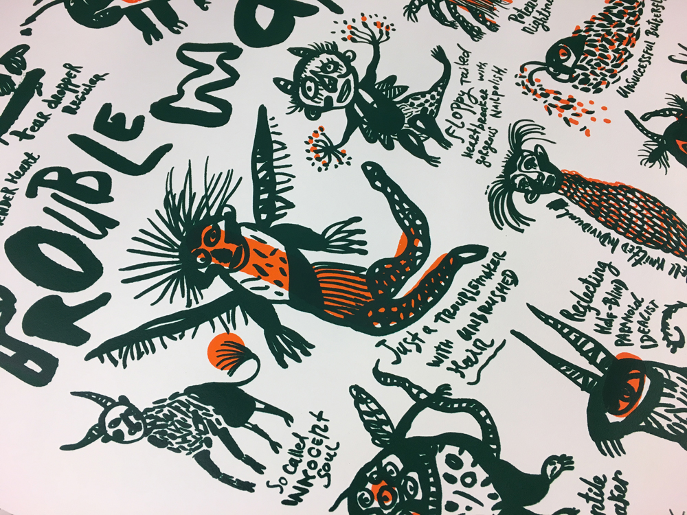 printmaking poster silkscreen animals lettering hand-lettering creatures orange green Drawing 