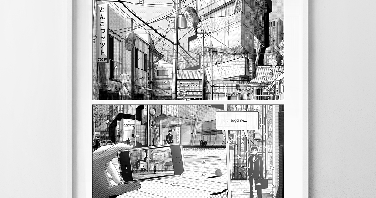 manga lines tokyo highrise black & white comic japan Episode print Urban city cityscape