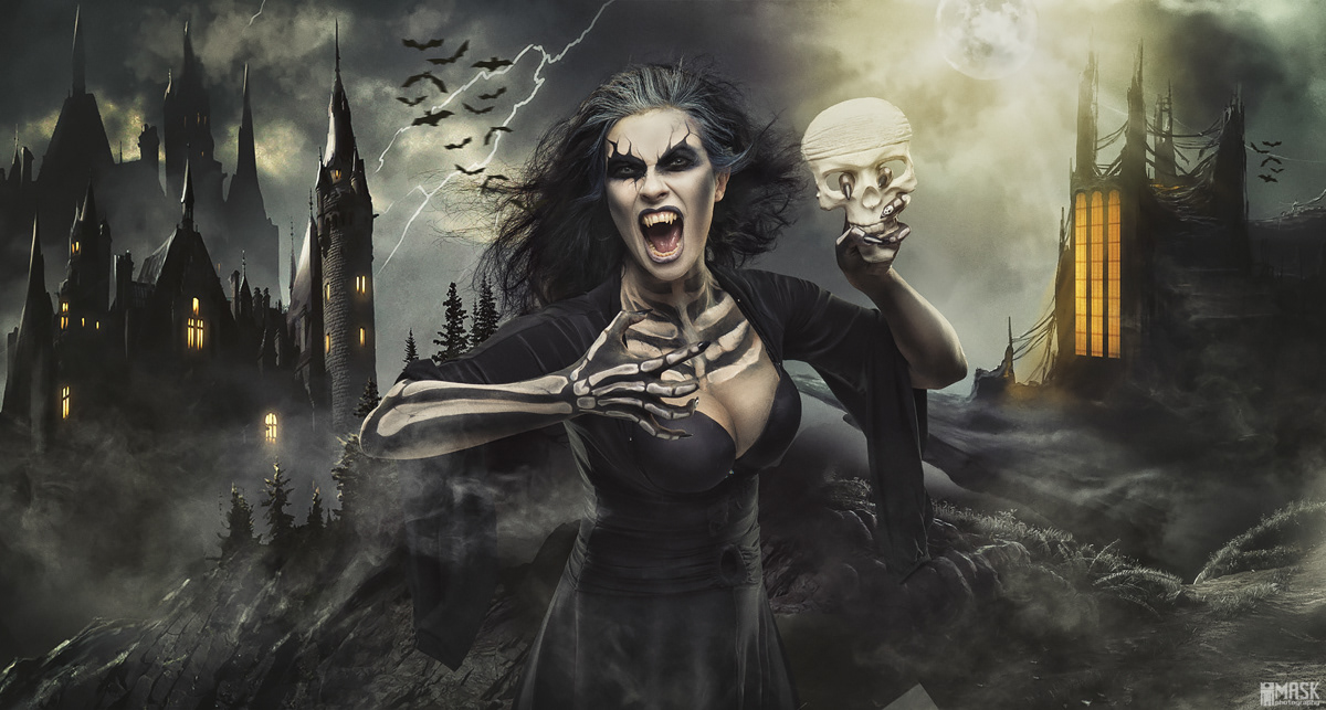 nightmare evil photoshop compose compositing retouch photo witch Castle bat thunder moon death skull lightning