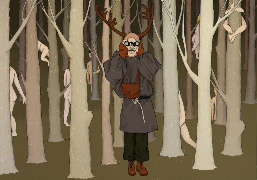 deer man human wood forest nude run hide binoculars horns