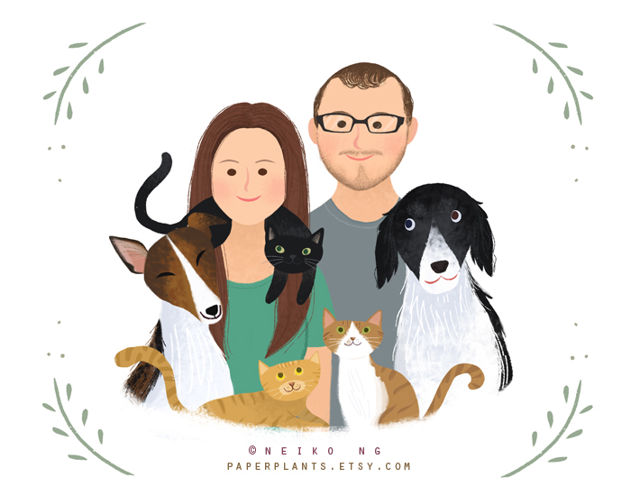family portrait portraits etsy Cat dog family portraits wedding invitation Commissioned work happy family Pet home sweet warm artist