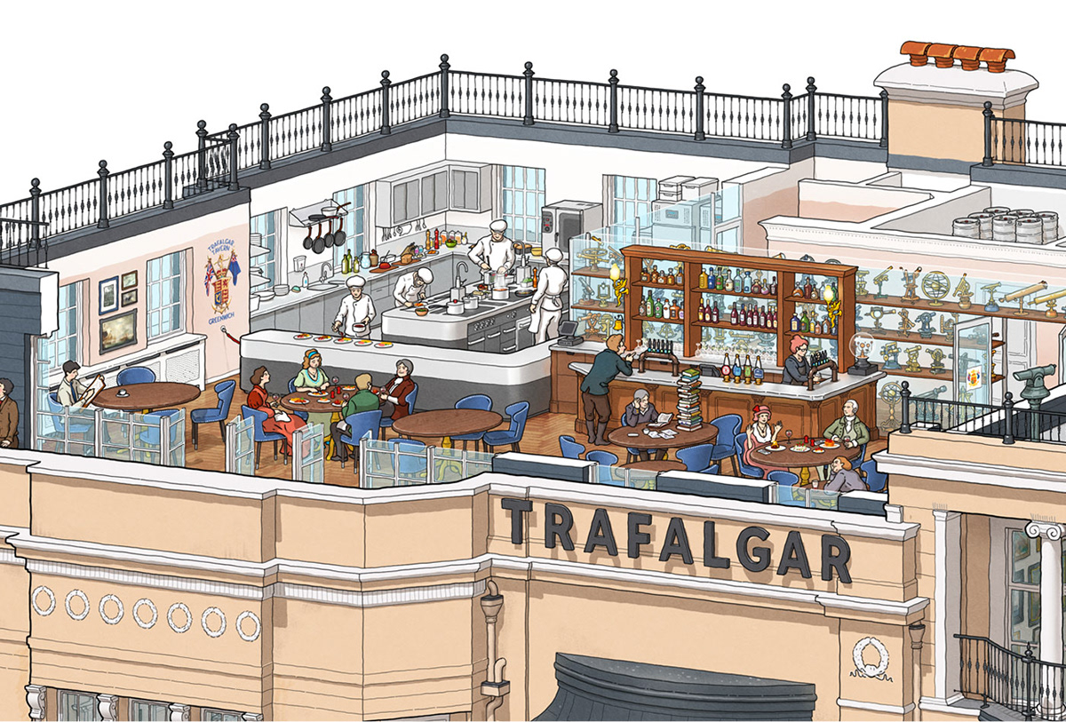 cutaway crosssection Interior Tavern bar pub greenwich London detailed infographic