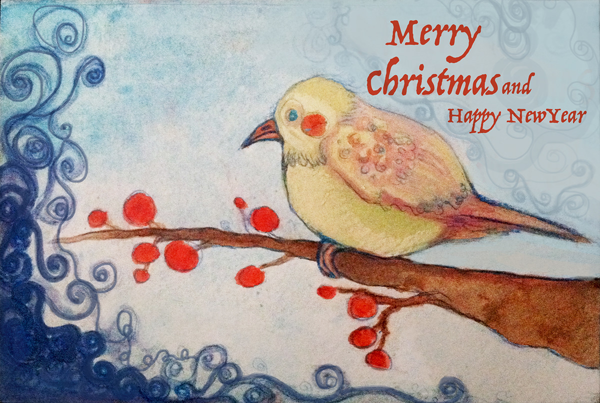 Christmas post cards holidays christmas Tree bird Flowers watercolor pencils