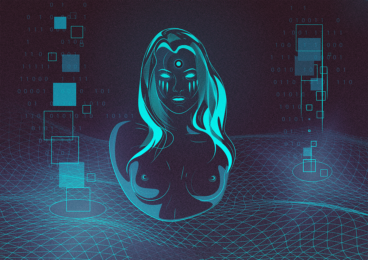 cyber girl Technology Censored 3D anaglyphe square numbers