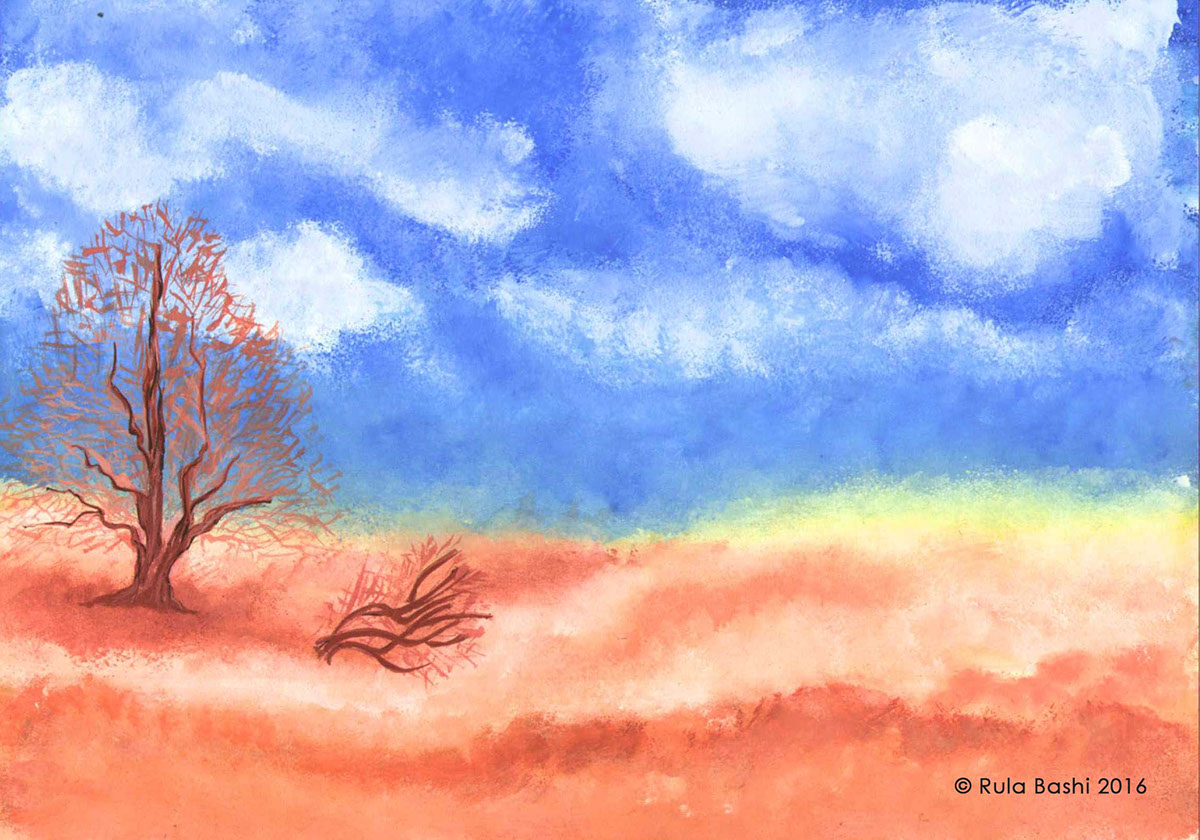 watercolor abstract orange yellow blue White brown