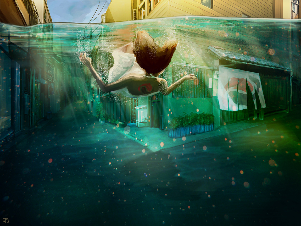 city underwater girl water anime Drowning Yin Yang