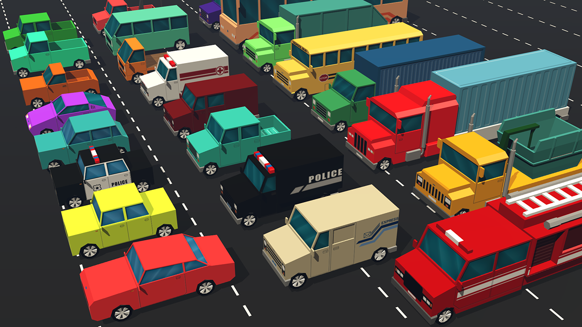 game mobile Vehicle Cars Pack Truck colorful Firetruck bus Low Poly voxel automobile 3D blender