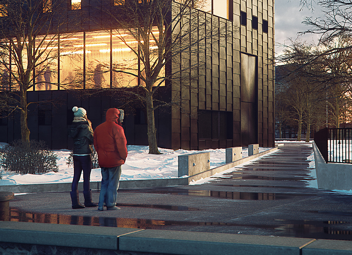 3ds max FStorm architecture museum winter sunset