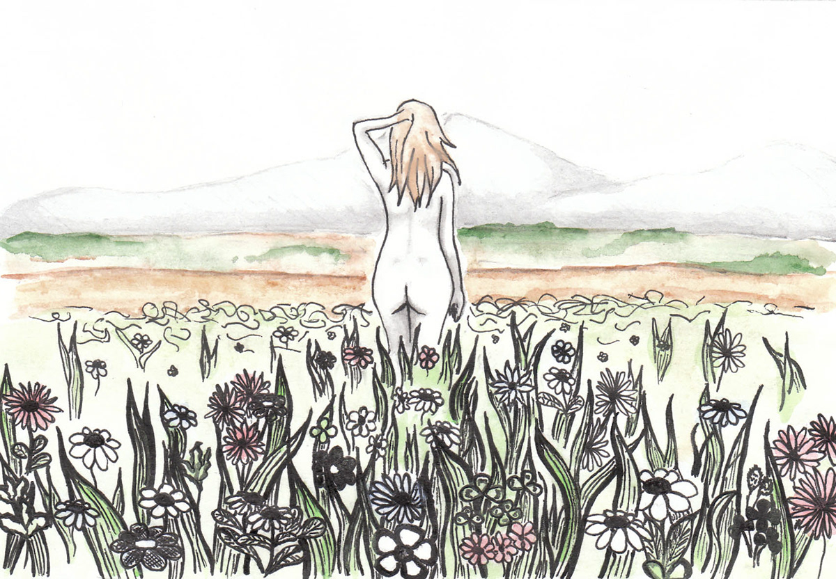 grassland  mountains girl naked woman