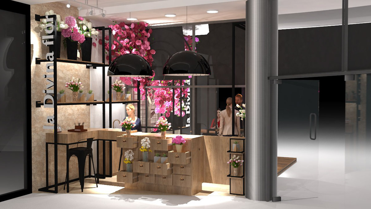 3D brand identity Flower Shop industrial design  interior design  Point of Sale Render