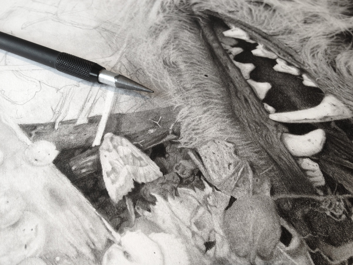Werewolf lycanthrope mythology legend myth fantasy death decay Wolfman pencil graphite carbon detail intricate dark