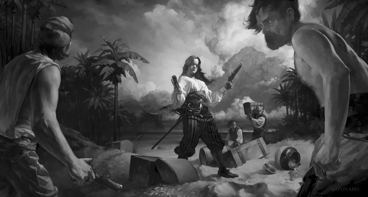 Dominck Saponaro art fantasy adventure pirates golden age illustration black & white historical digital painting