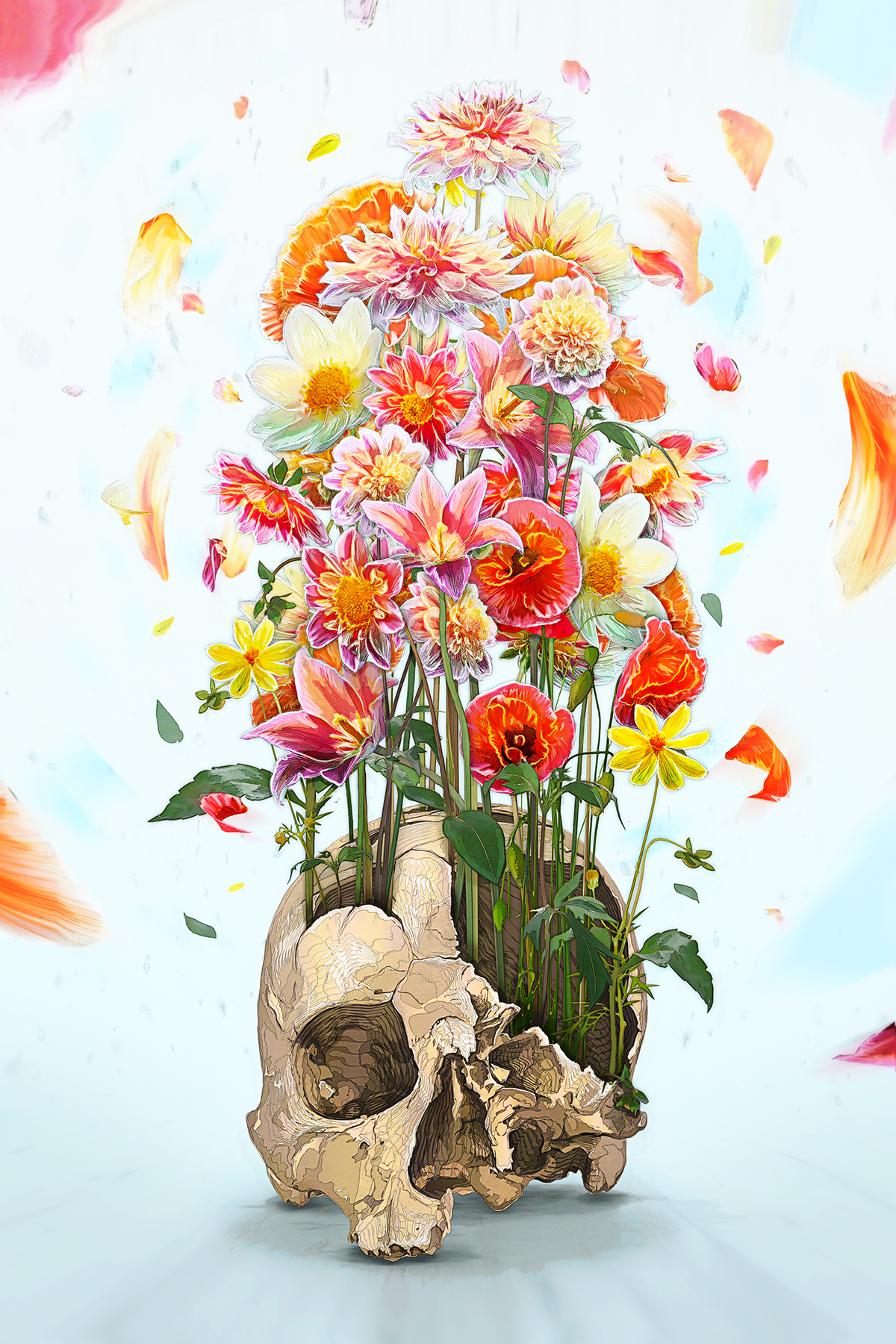skull Flowers floral neon vector vibrant poster Exhibition  digital broken
