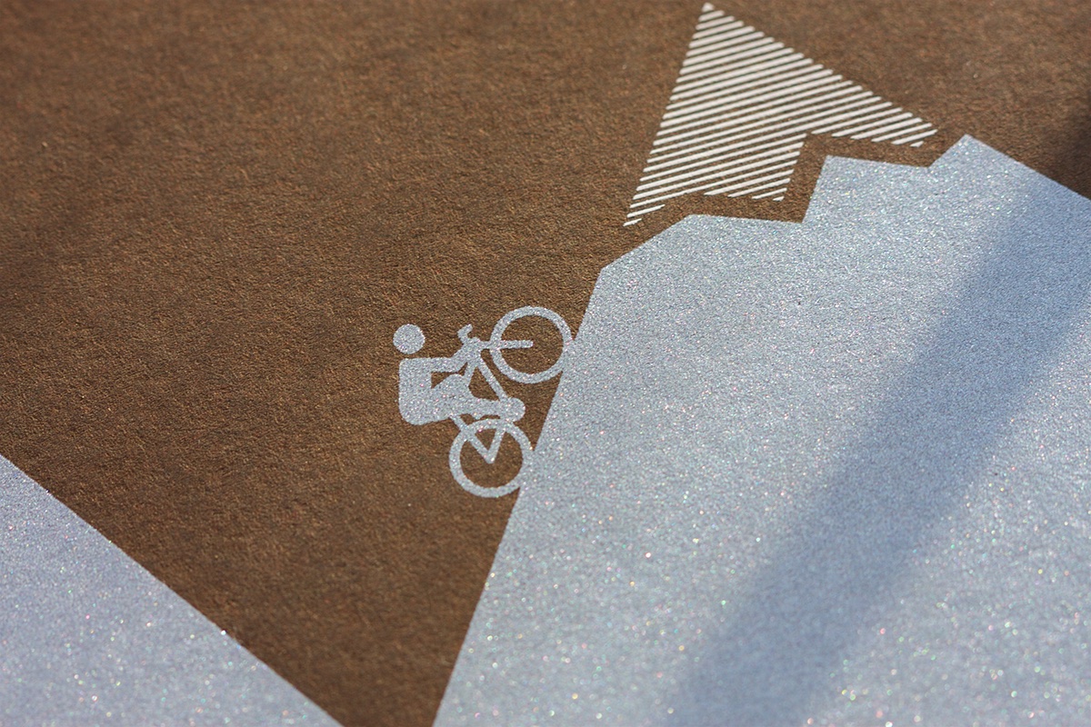 silkscreen poster bikes metallic gold silver mountains