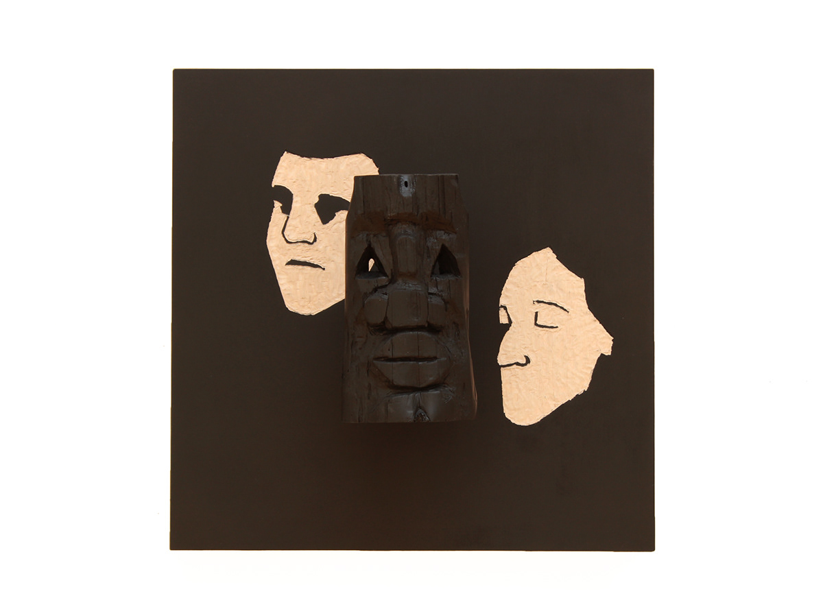installation object mask wood plywood carving Totem taboo diploma Exchibition