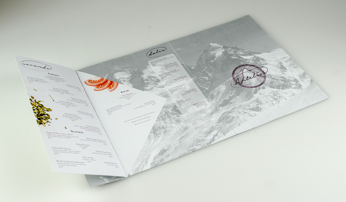 restaurant menu table tent gift card design alps Italy dining fine cuisine fine dining modern upscale wine france