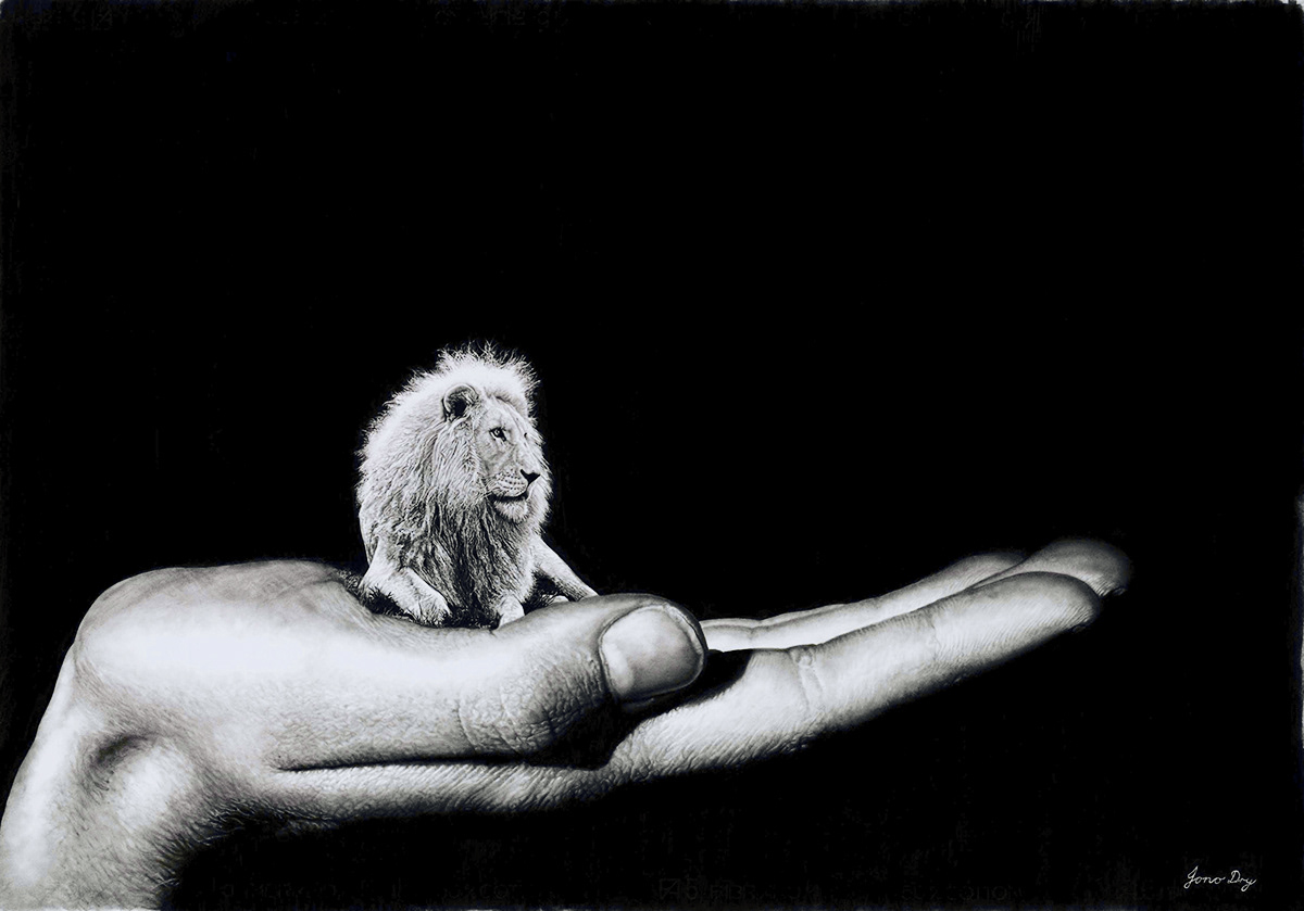 Pencil drawing surreal lion animal hand Realism