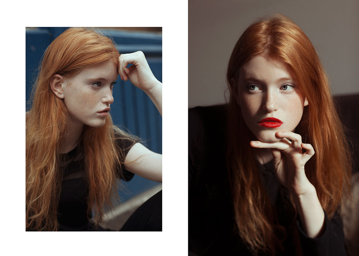 portrait model beauty redhead freckles red Paris girl test