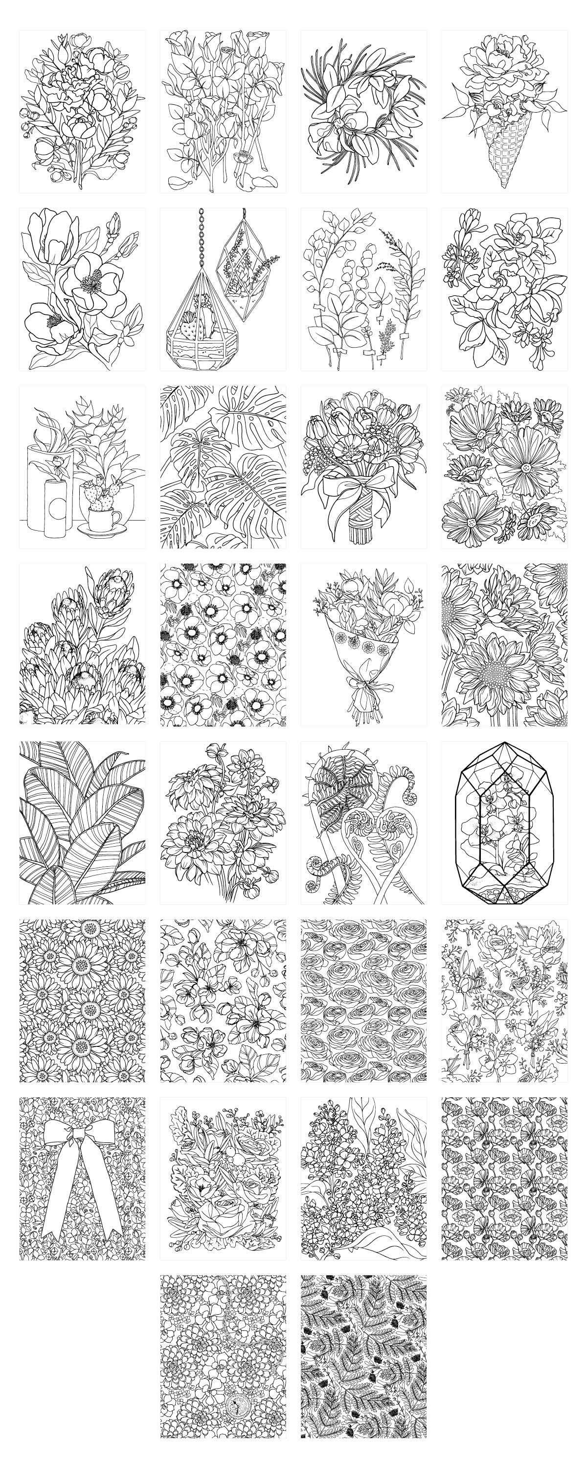 Stress-relieving floral soothing art therapy Flowers dahlias coloring adult coloring daisies repeating patterns