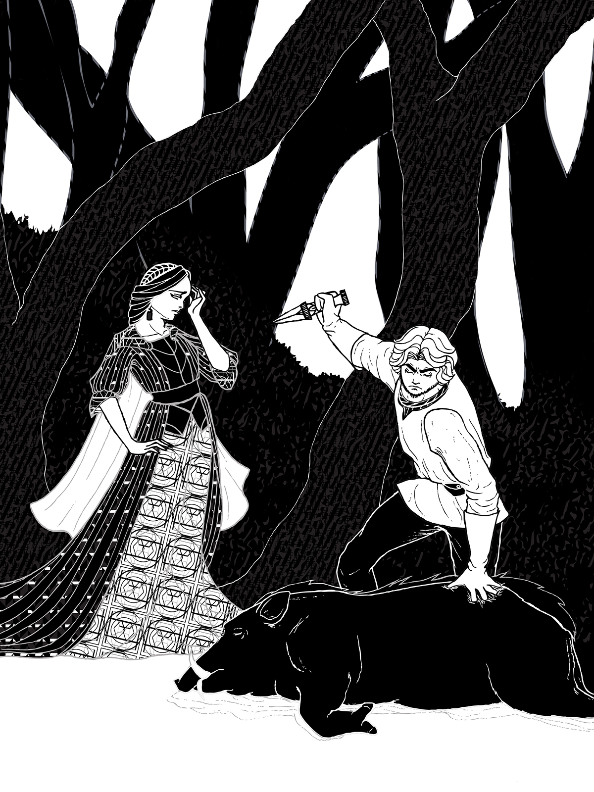 snow white queen huntsman boar wild figures male female man woman girl fairy tale Dark fairy tale grimm forrest
