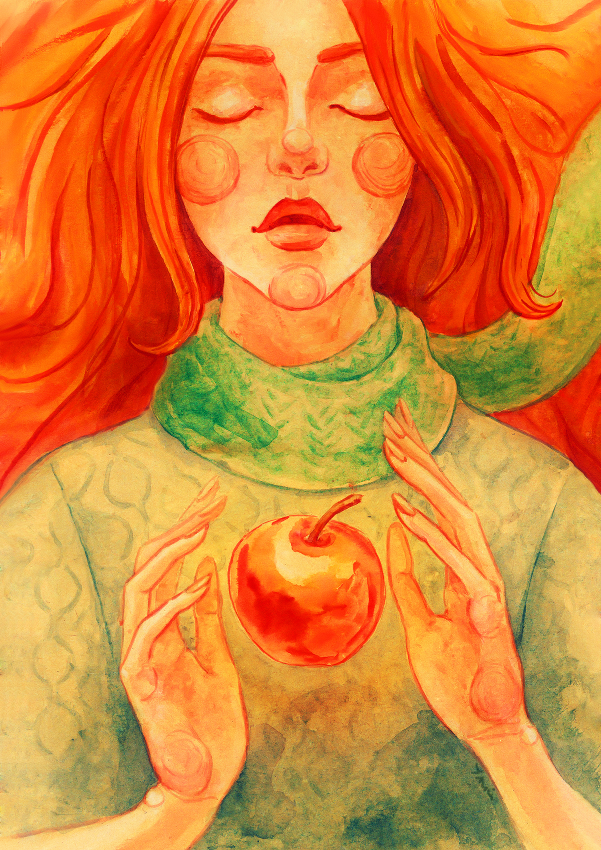 watercolor autumn warm apple redhead