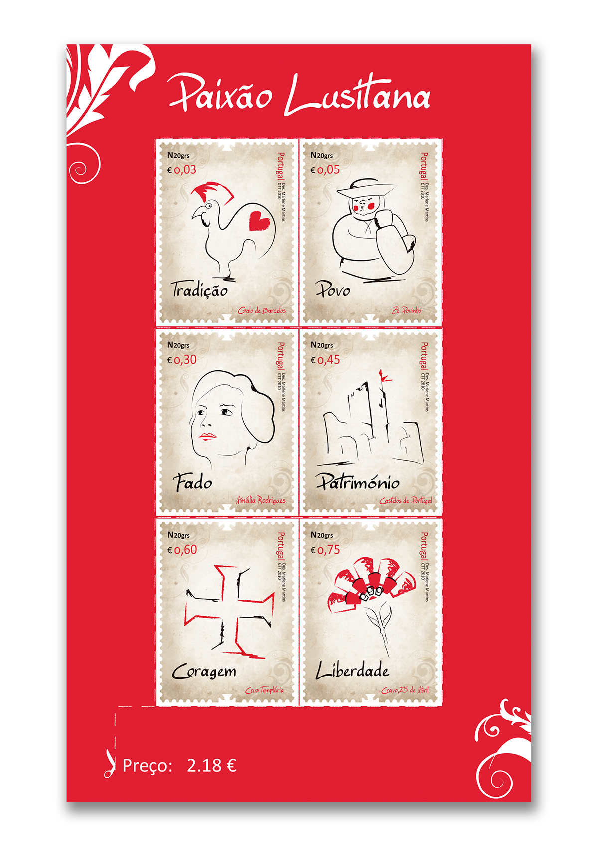 Selos stamps Portugal Stamps Collection Galo de Barcelos Zé Povinho amália rodrigues Templários cravos
