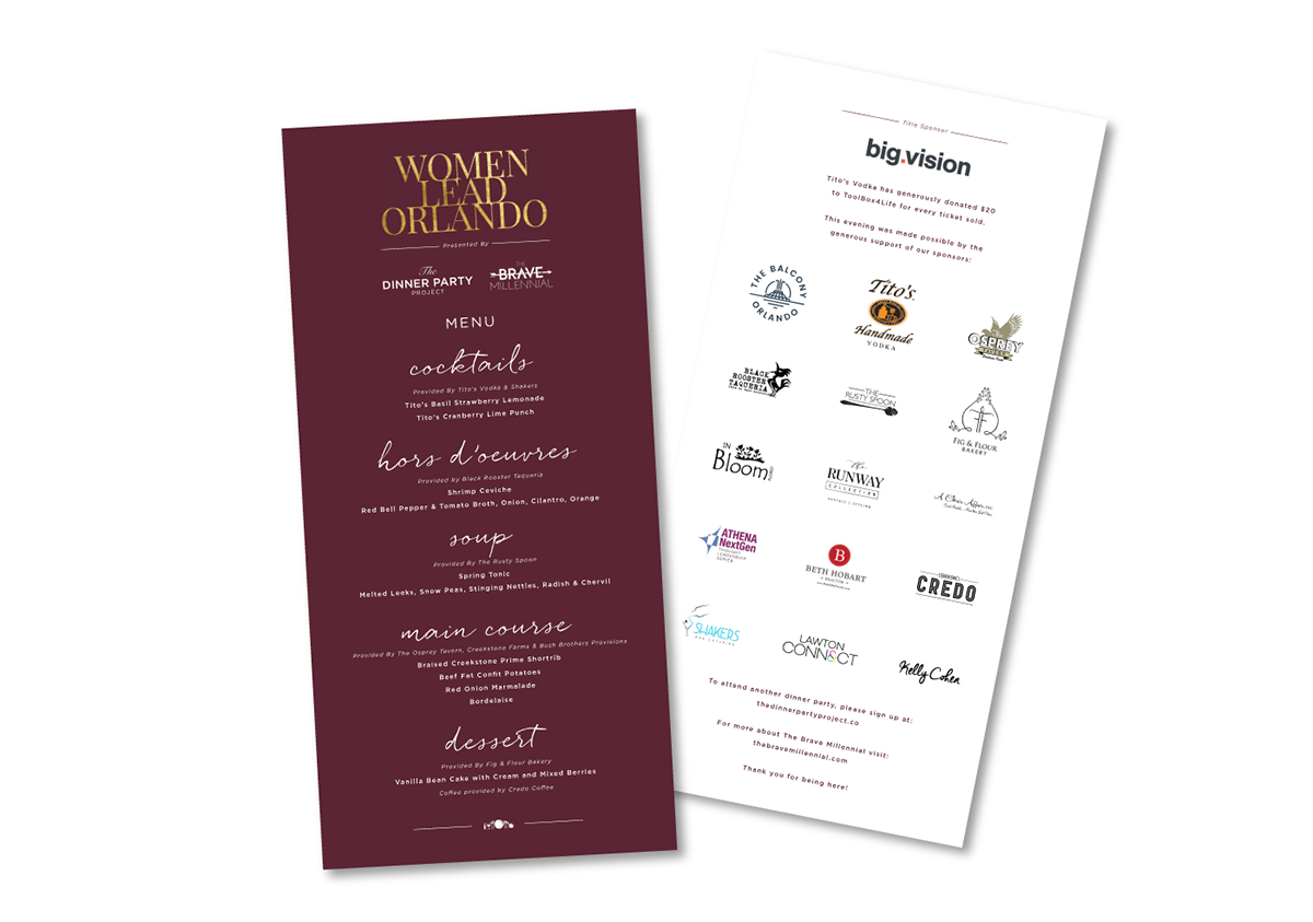 menu design orlando women dinner party