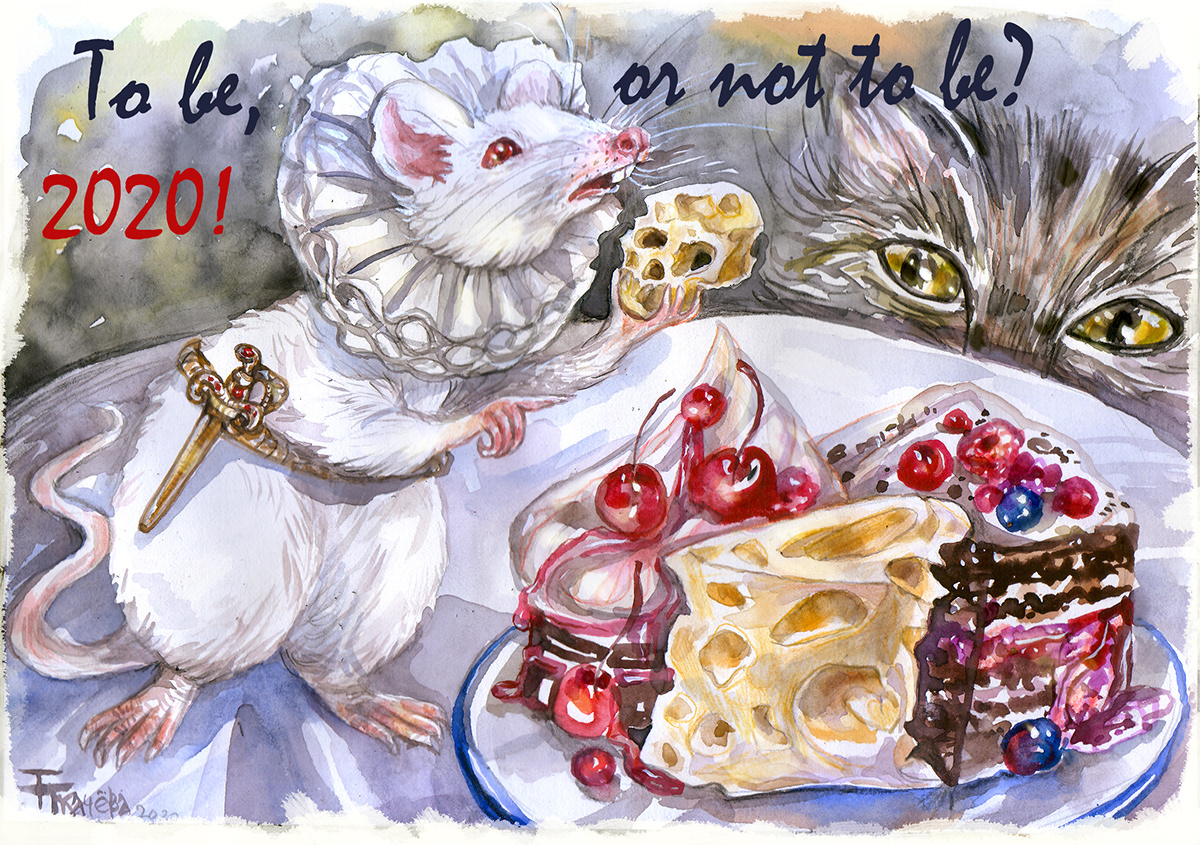 new year's cards watercolor fairy tale mouse rat new year.