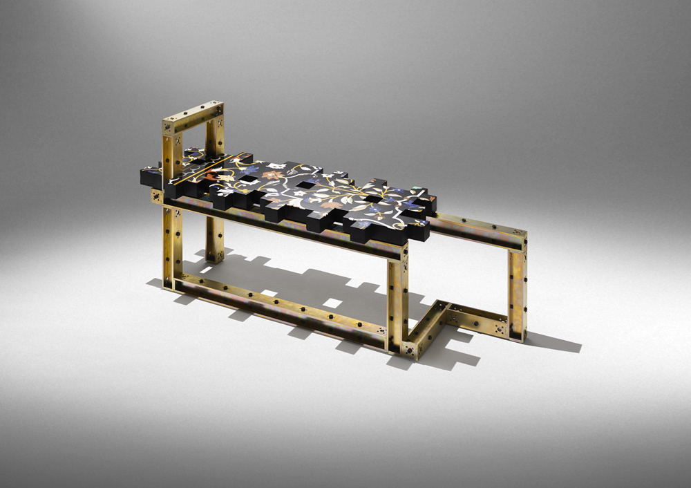 nucleo bench Marble cube iron pixel handmade nilufar gallery