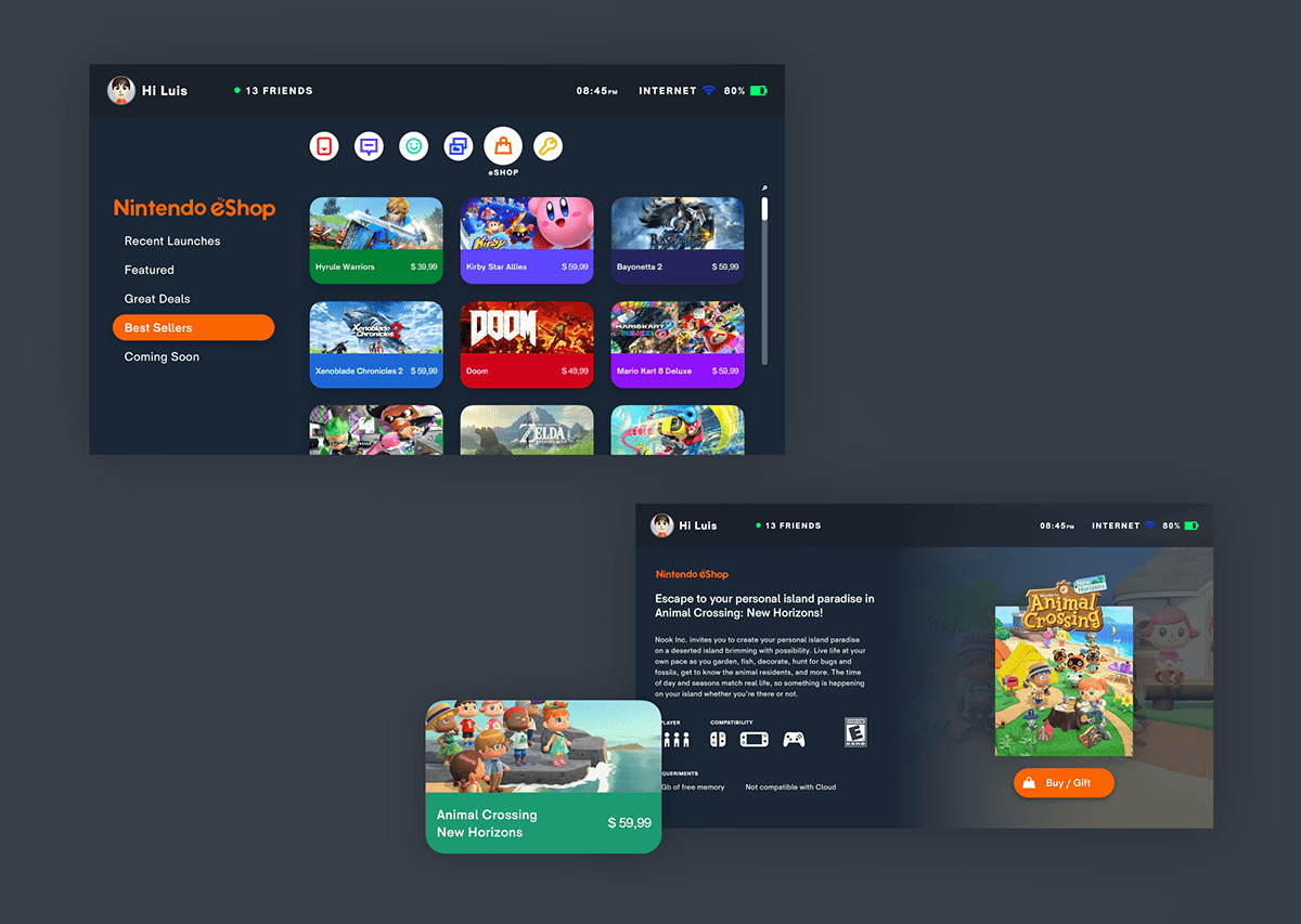 Nintendo Interface Games UI ux sketch Illustrator screens switch console