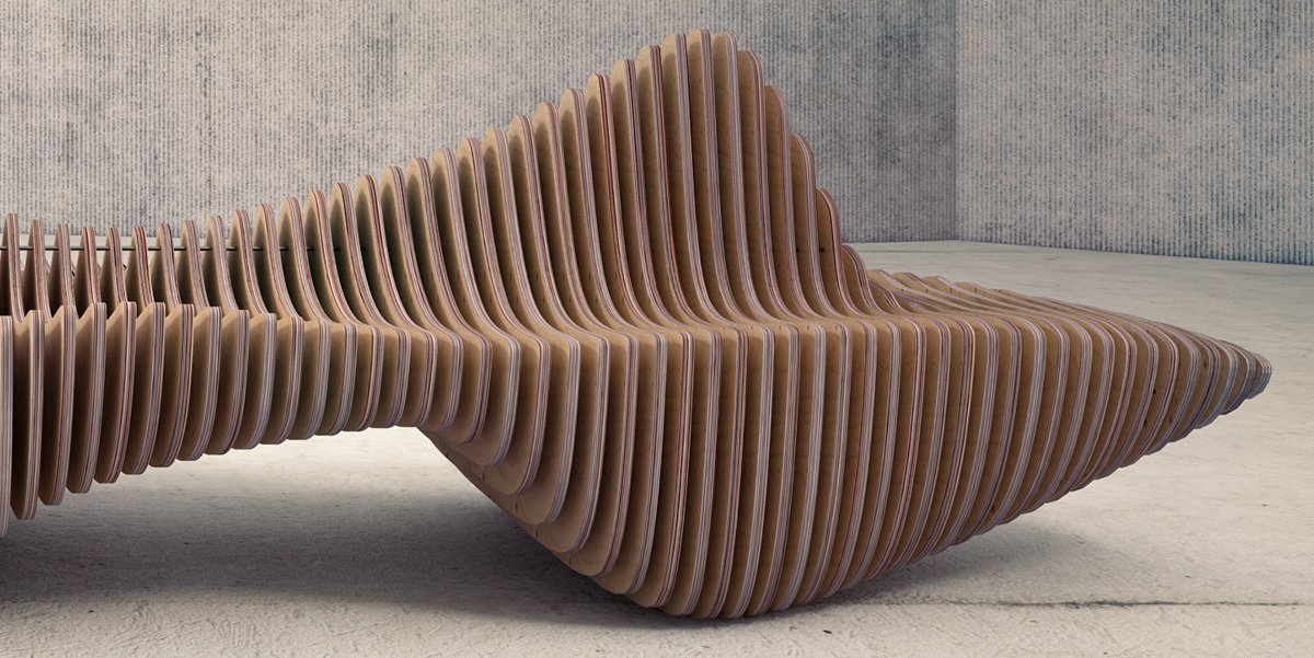 bench furniture Interior plywood organic Form modern wood parametric Render vray 3D sections visualization design