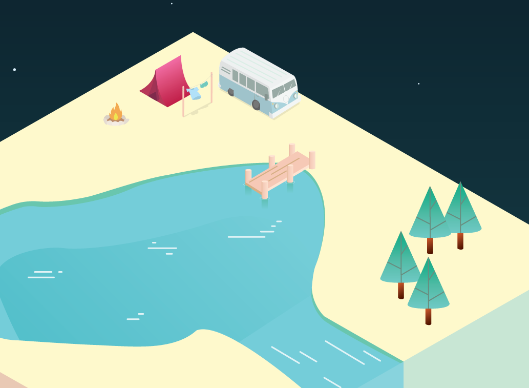 Isometric cube loch ness nessie vector camping night