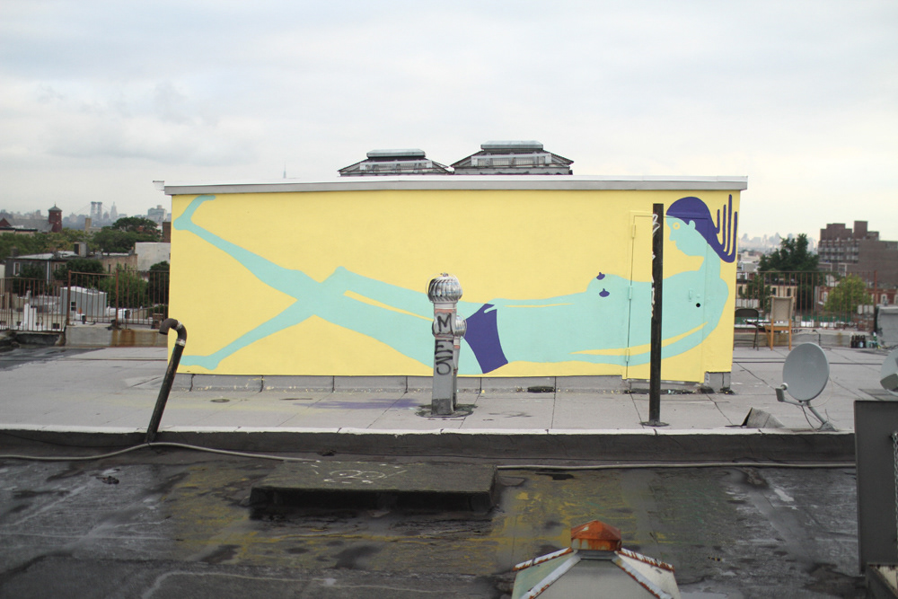 Mural Brooklyn bed-stuy color colorful bright pastel Hand Painted wall people rooftop roof top