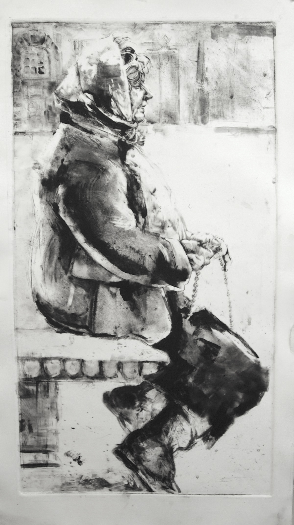 Florence firenze Italy old man card players gypsy people figure monotype etching printmaking