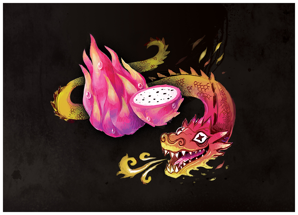 dragon fruit fire Mike's Harder Mike's hard lemonade dragon Flames digital painting pink yellow red orange colorful contest flavor animal