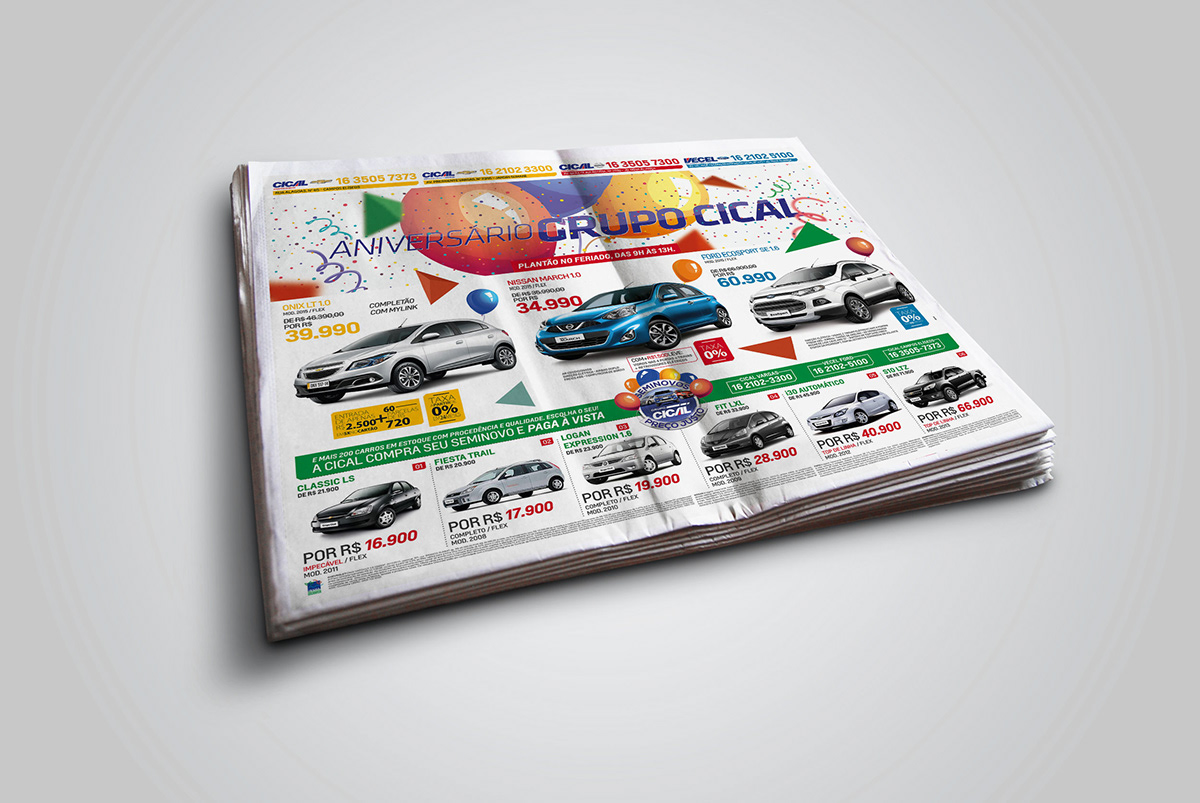 art-direction Retail varejo carros Seminovos Direção de arte jornal folder Redação colors Birthday aniversário
