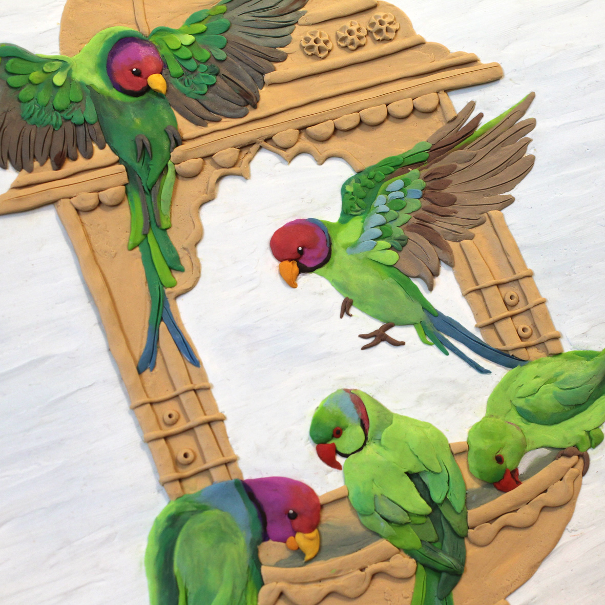 bird feeder parrots Clay Art clay painting clay illustration ILLUSTRATION  ahmedabad Chabutro CLAY WORK reliefwork