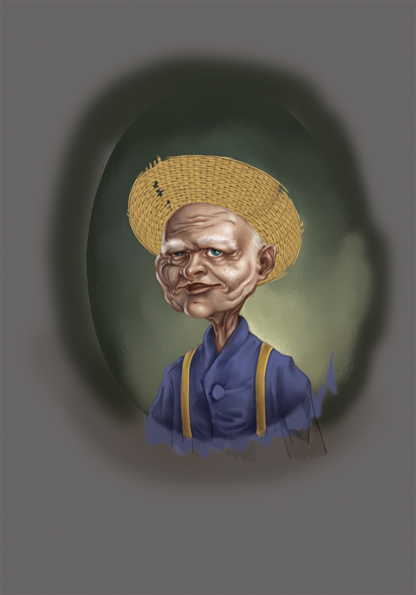 portrait old man frame Monocle straw hat