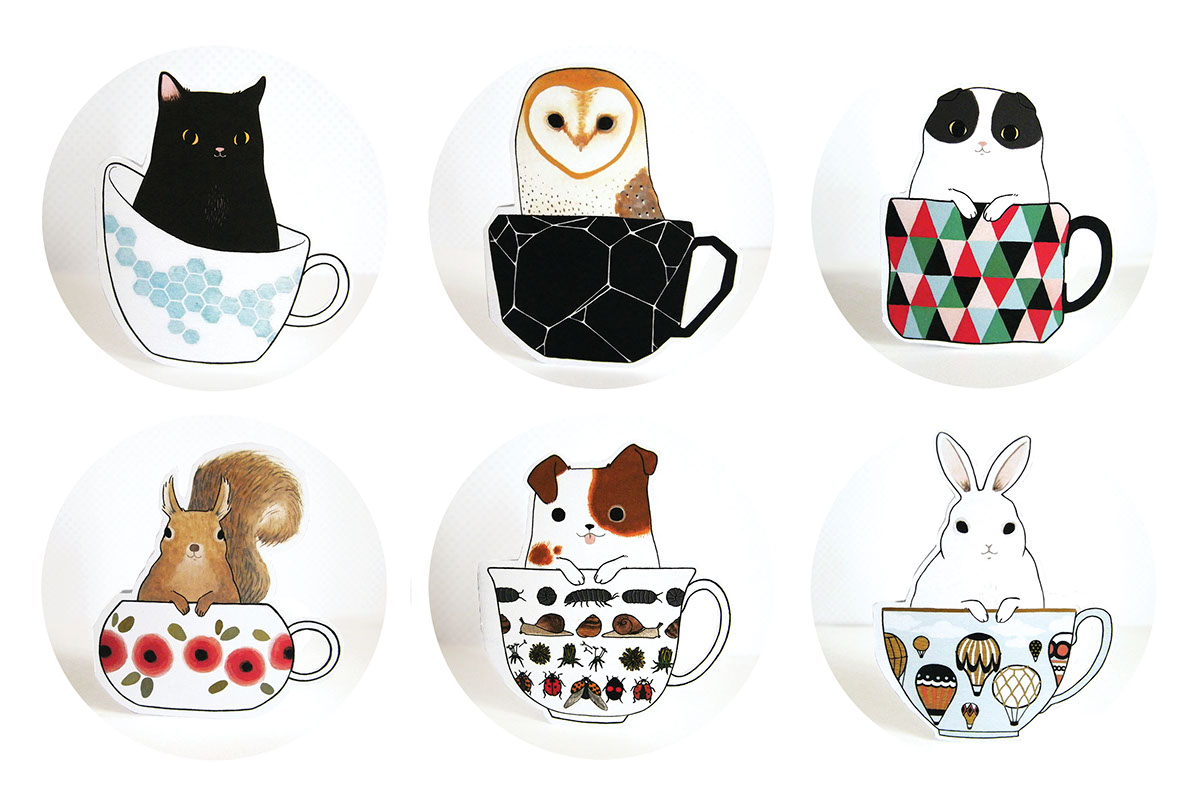 cuties in teacups  teacup dog owl Cat rabbit greeting card squirrel cute