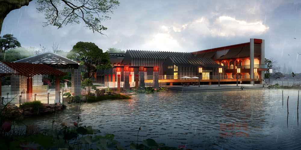 Architectural rendering Chinese style Landscape Design Gold Kirin