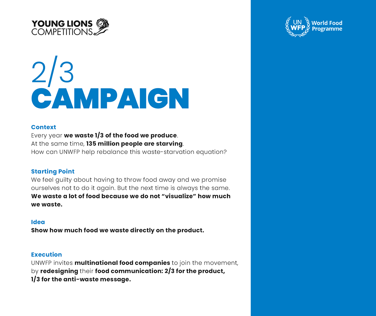 2/3 Campaign Advertising  award Cannes lions Food waste pubblicita SECOND PLACE UNFWP United Nations Young lions