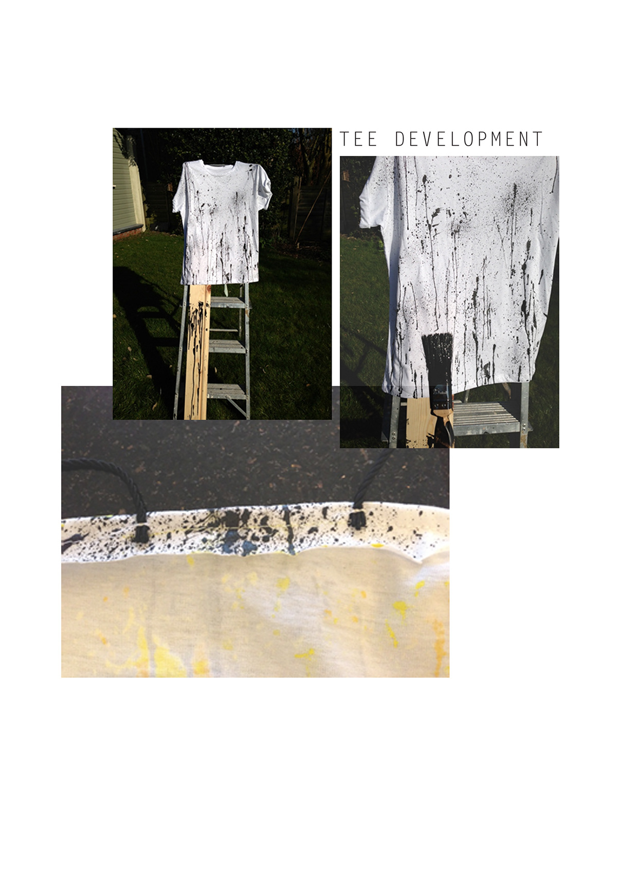 White tee customised deconstructed reconstructed paint splatters punk style yellow gold black